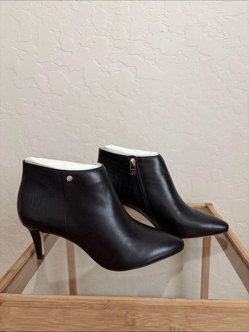 ANTONIO MELANI Black Leather Ankle Booties with Croc-Emboss Detail